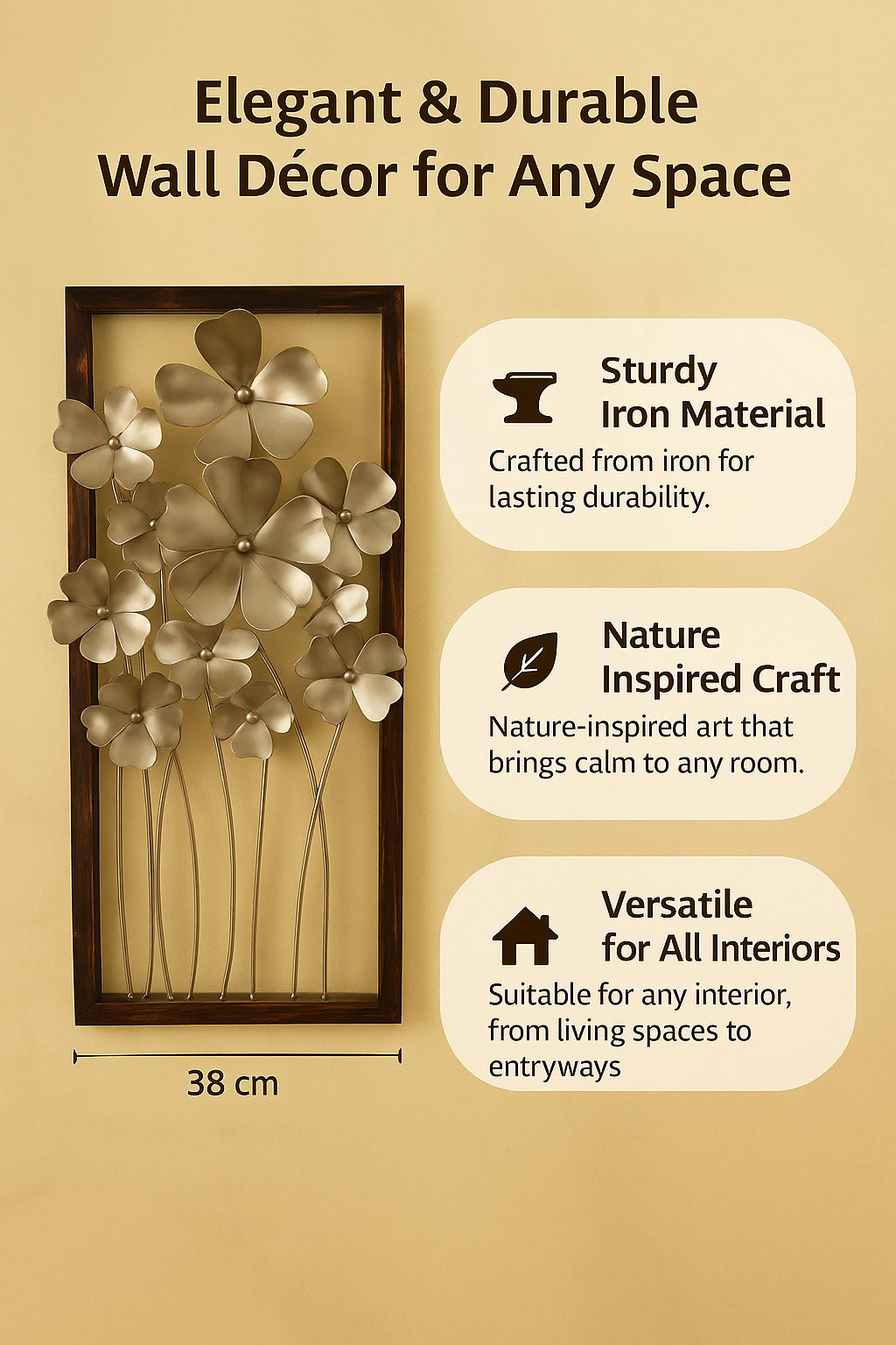 Elegant Metallic Floral Wall Decor Art | Modern Iron Wall Hanging