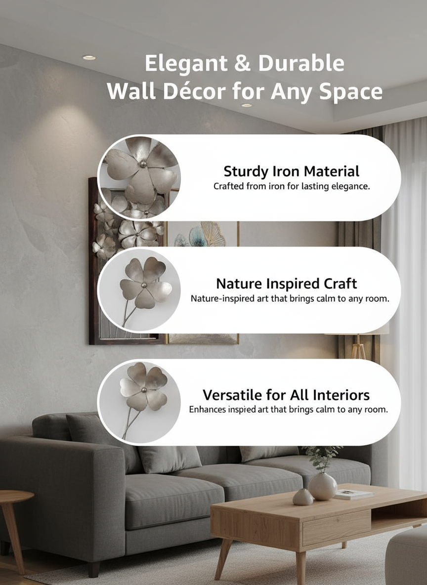 Elegant Metallic Floral Wall Decor Art | Modern Iron Wall Hanging